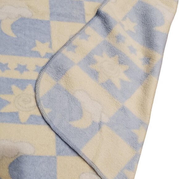 Vintage Y2K Baby Blanket Celestial Sun Moon Stars Fleece Blue Yellow Crown Craft - Picture 3 of 5